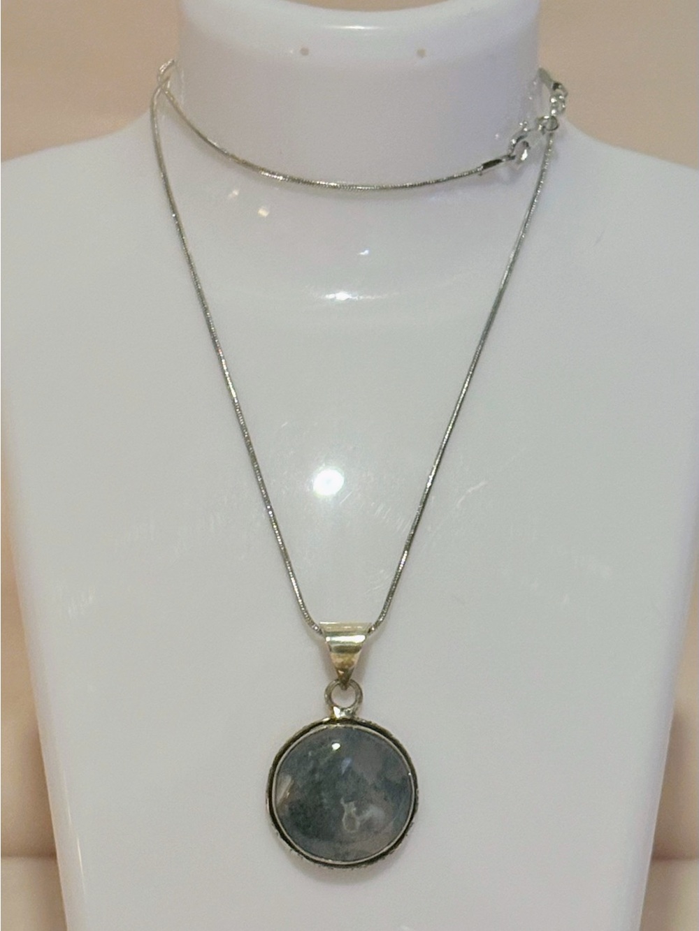 Sterling Silver Round Grey-Blue Stone Pendant Necklace - 18” - Picture 1 of 4